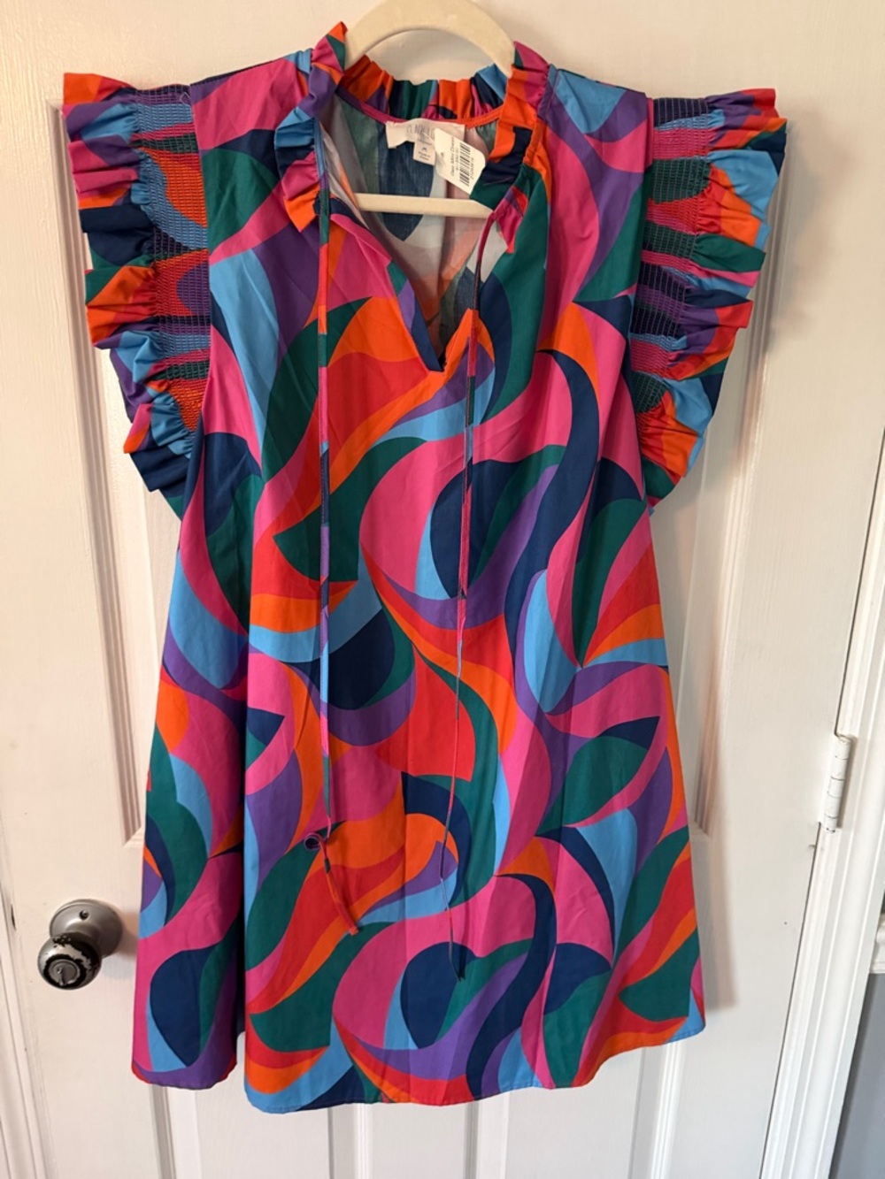 Peach Love California Multicolor Swirl Ruffle Sleeve Mini Dress